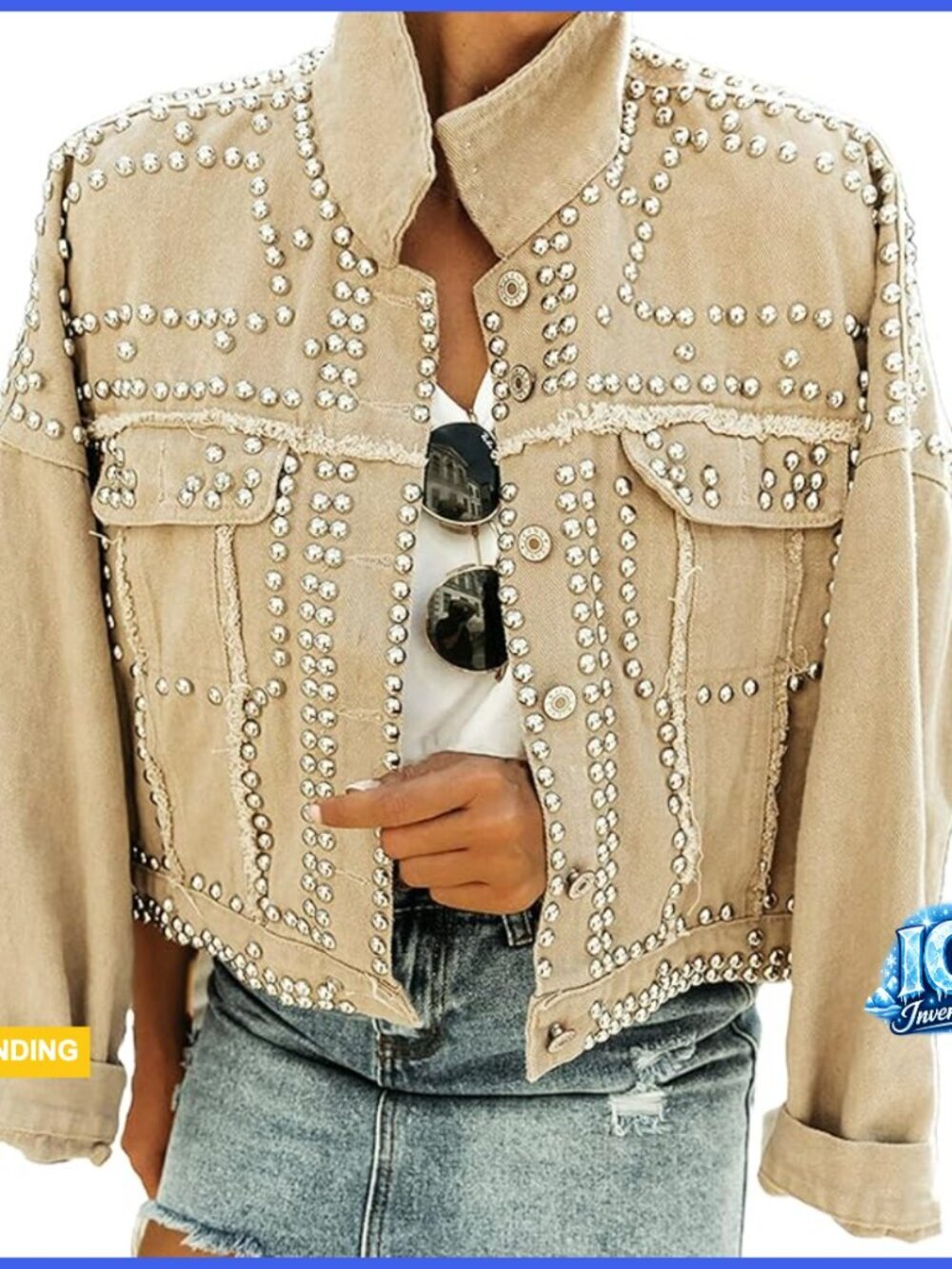 Distressed Denim Jacket with Fringe and Studs, Western Style